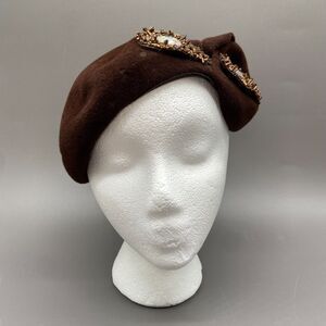Vintage 1950s Gene Doris Brown Beaded Fur Felt Cocktail Hat Velour Rhinestones